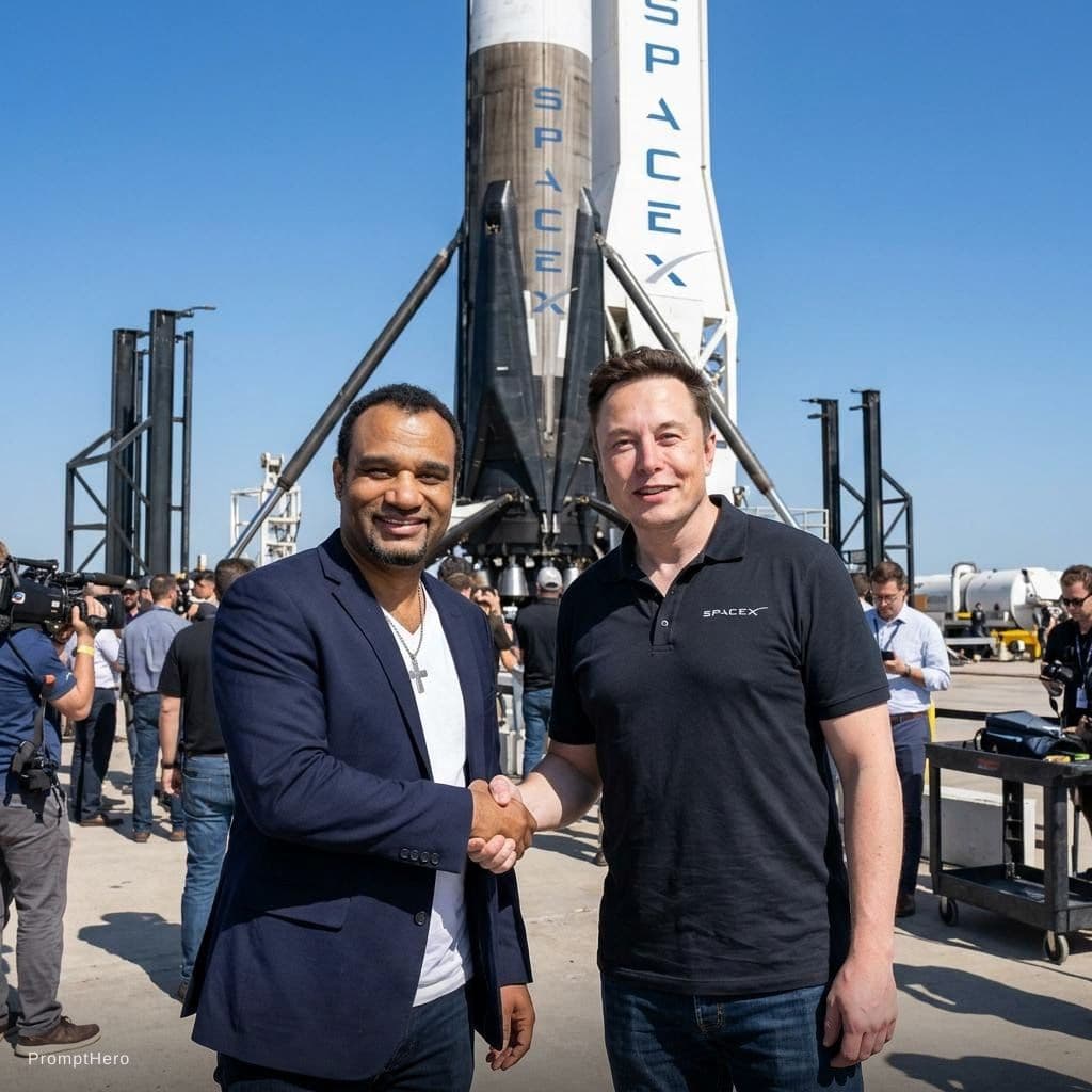AI generated: with Elon Musk in front of a SpaceX rocket, professional setting, 