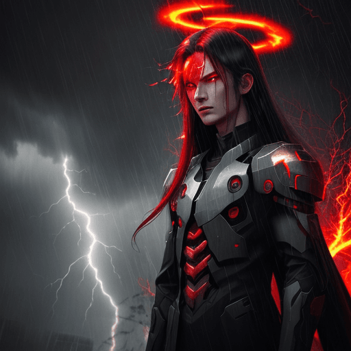 AI generated: anime::2, young god, Boss, in a rainstorm, thunders in background, scary, 4k, insane, red eyes, flam...