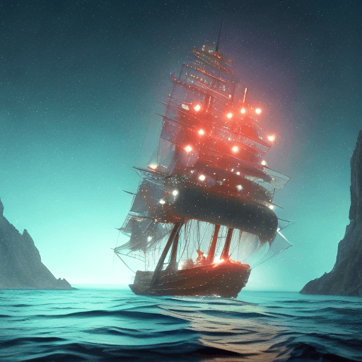 AI generated: (Pirate ship sailing into a bioluminescence sea with a galaxy in the sky), epic, 4k, ultra,