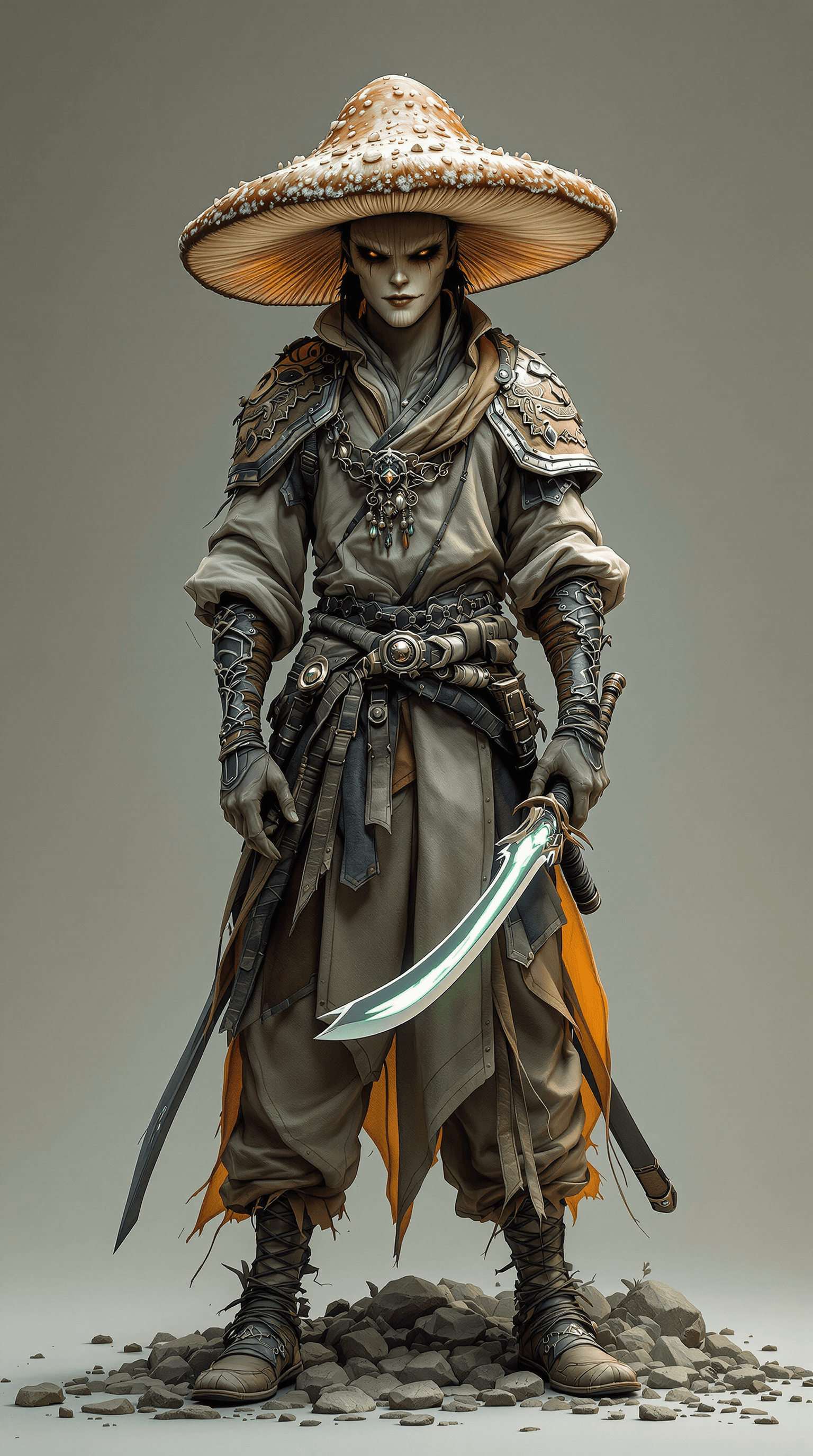 AI generated: a full body photo shot of a beautiful and breathtaking image of a ((mushroom)) warrior wearing a ful...