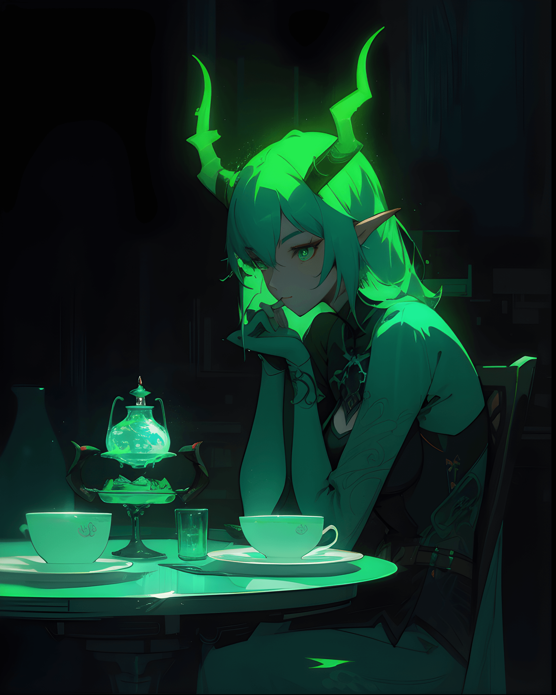 AI generated: a woman sitting at a table with a cup of tea, by Ross Tran, fantasy art, green neon, with horns, art...