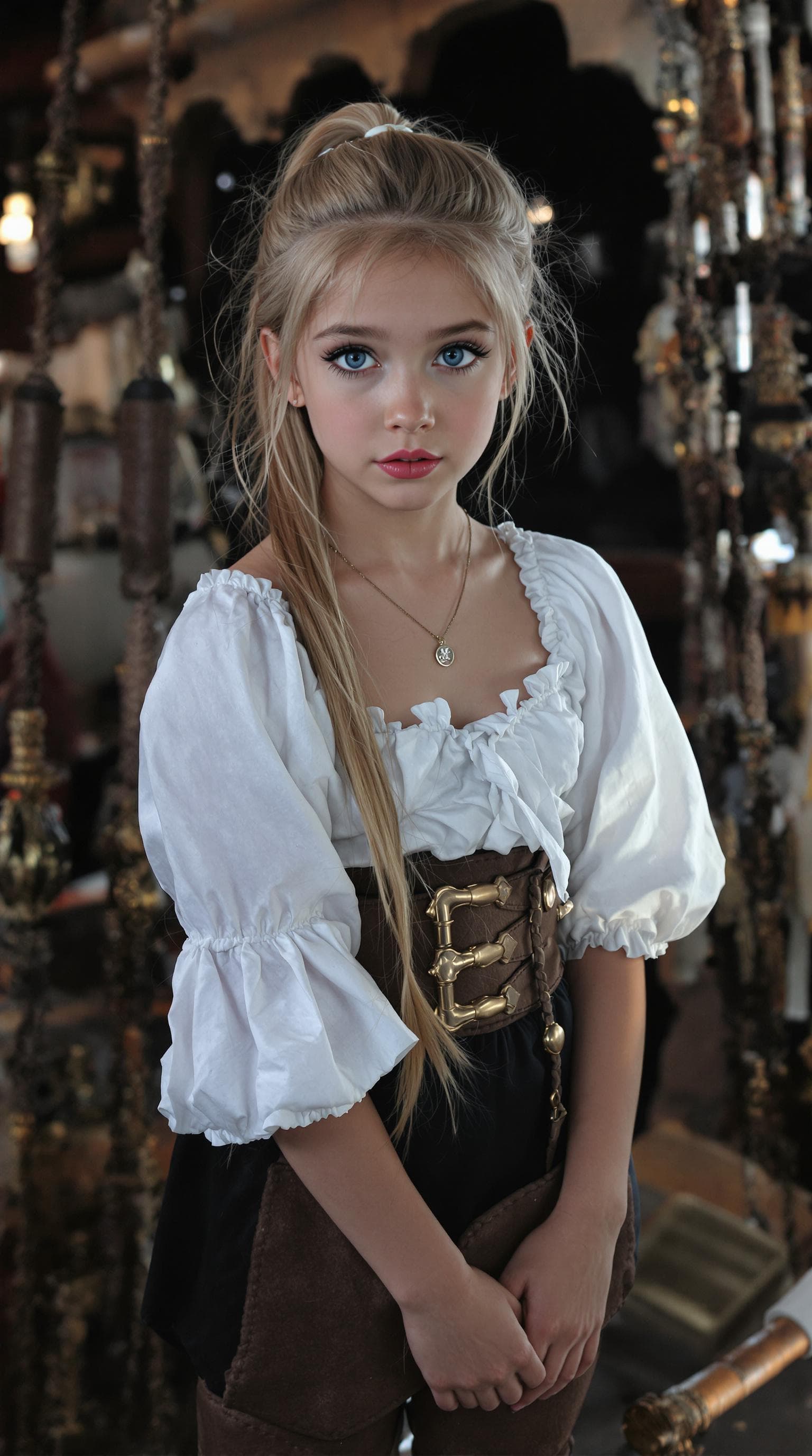 AI generated: a professional photo of a exceptionally beautiful girl aboard pirate ship at sea (age 7), (seven yea...