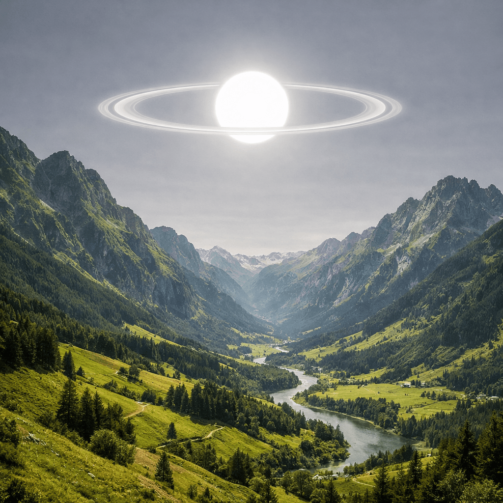 AI generated: a scenic landscape with valleys and really tall mountains covered in lush green but the sky has a mo...