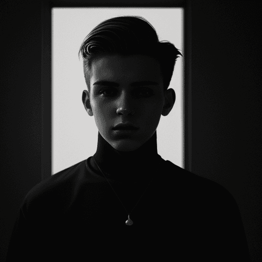 AI generated: A portrait of young moody man in a futuristic style, monochromatic, golden lighting, nostalgic and d...