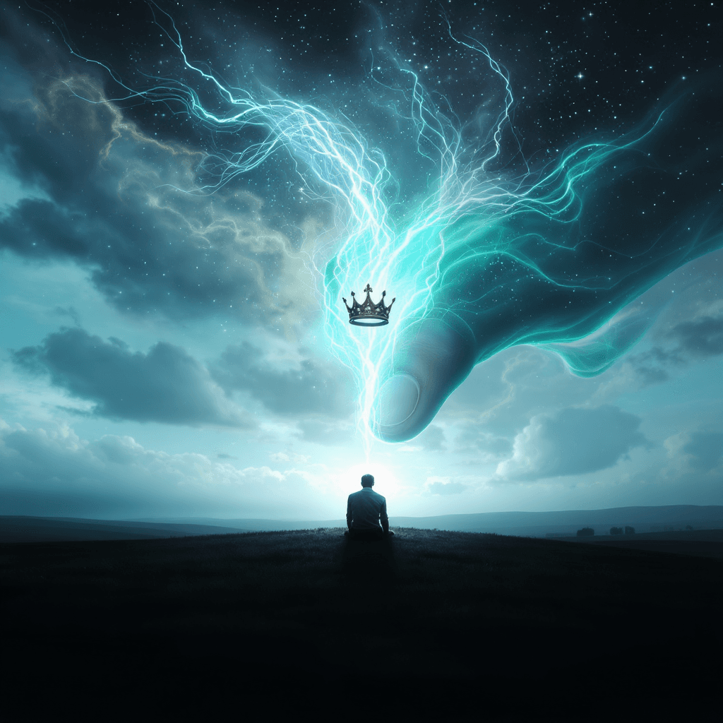 AI generated: in the distance a man sits with a crown hanging on his finger, at full height, looking straight ahea...