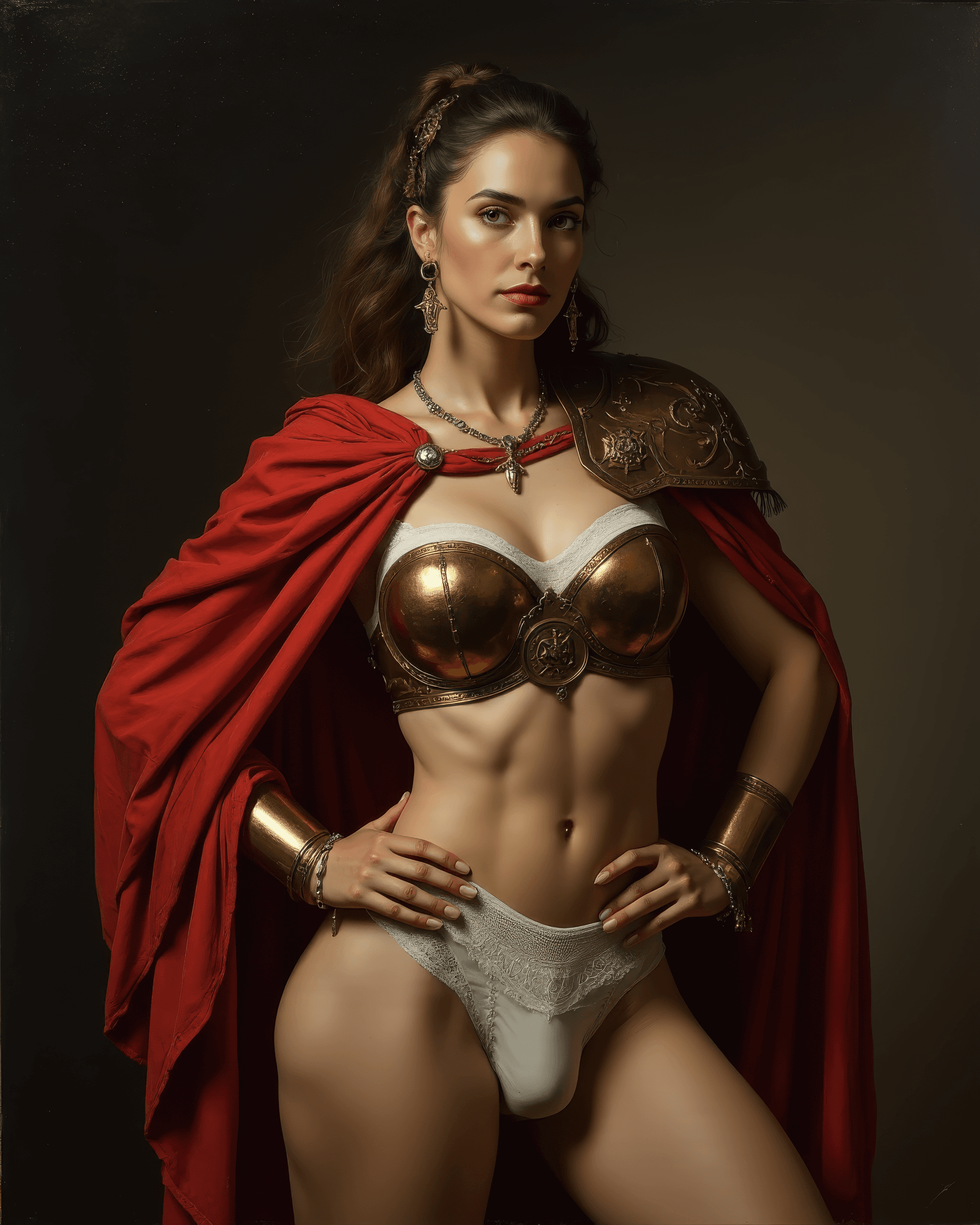 AI generated: full body photo of a seducing looking beautiful woman female Roman general in a dramatic chiaroscuro...