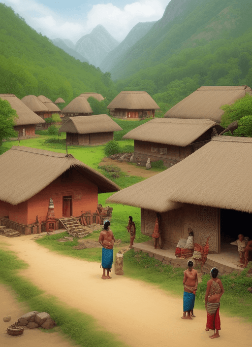 AI generated: Indian, people, village hut, Indian village houses, tribe art