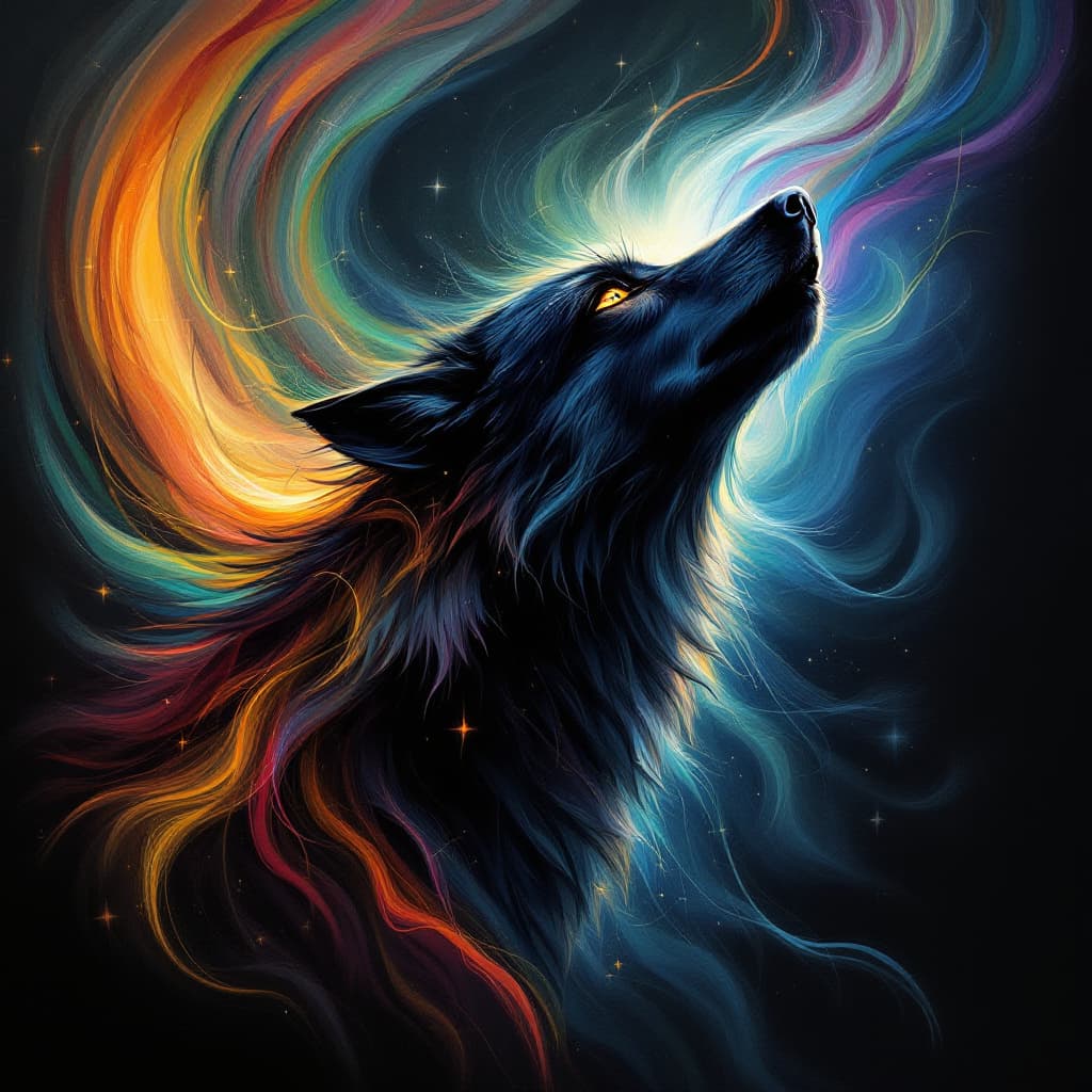 AI generated: realistic portrait of a howling black wolf, mesmerizing yellow eyes, surrounded by swirling lines of...