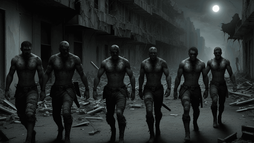 AI generated: 4 warriors escape from a ruined abandoned city at night, action, horror, hysteria, 