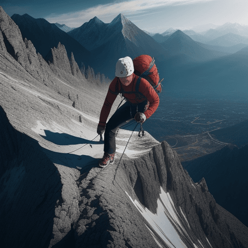 AI generated: High quality, realistic, a person climbing a mountain, representing personal growth, photo, cinemati...