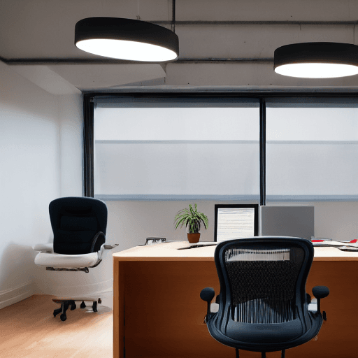 AI generated: Spacious office with frontal view, Herman Miller Aeron chairs, Artemide Tolomeo desk lamps, captured...