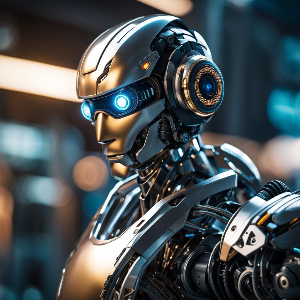 AI generated: cybernetic robot athletic young, robotic arm, robotic leg, robotic armor, robotic face, male, cyberp...