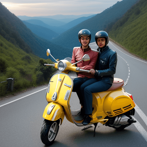 AI generated: Create an image of two men each on a Vespa motorcycle, without helmet or glasses, on a mountain road...
