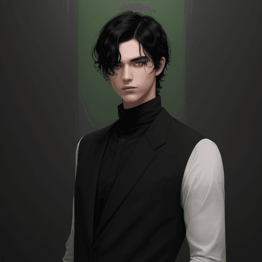 AI generated: man with medium skin, black hair,  and green eyes, dressed in black