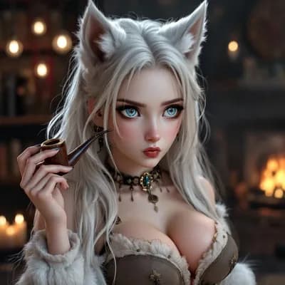 AI generated video: Lips pursed, blowing smoke. Wolf ears move, twitch and swivel. 