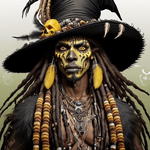 AI generated: Realistic unique exotic male witch doctor, brown skin, long dredlocks, witch doctor clothing, feathe...