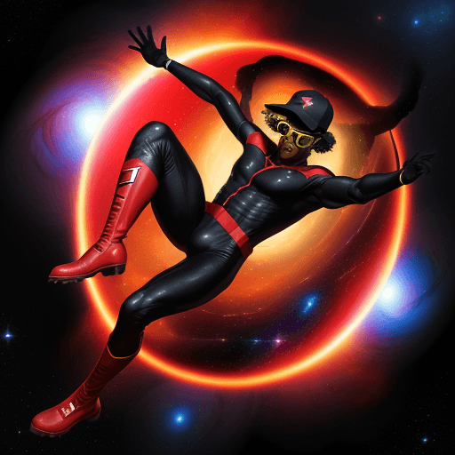 AI generated: WE ARE SEEING A black MALES IN A RED SPANDEX SUITS,WITH YELLOW GLOVES AND BOOTS , SUNGLASSES AND BAS...