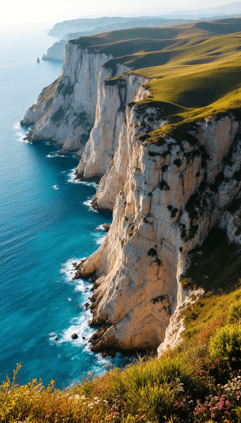 AI generated: A breathtaking aerial view of the Crimean coastline: towering limestone cliffs rising dramatically a...