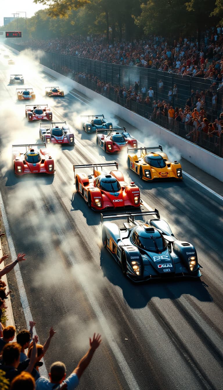 AI generated: Summer. 6 (six) racing cars with logos of different clubs on the sides start moving along the race t...