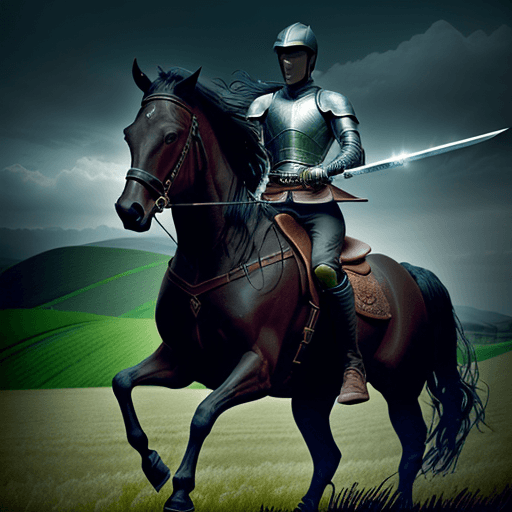 AI generated: A dark horse rider with a sword in a field, cinemátic photography, HD 4K, realistic style, cold colo...