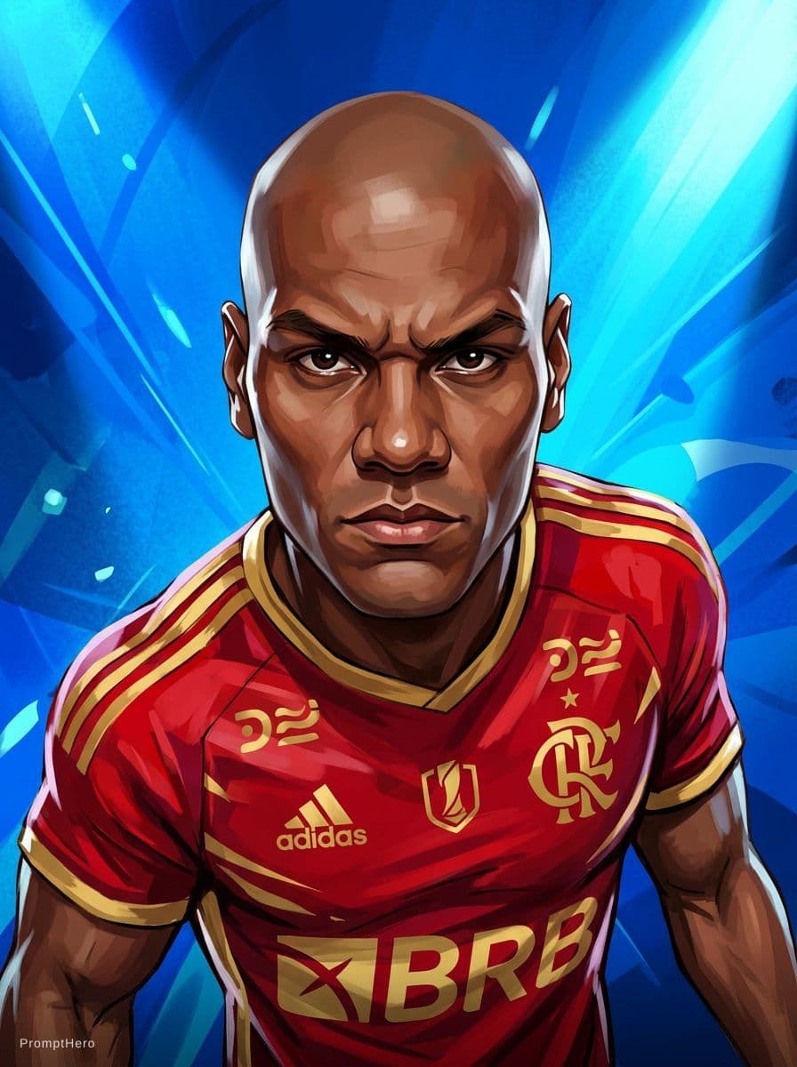 AI generated: A caricature portrait of a bald, dark-skinned man, likely in his 20s or 30s.  He is a soccer player,...