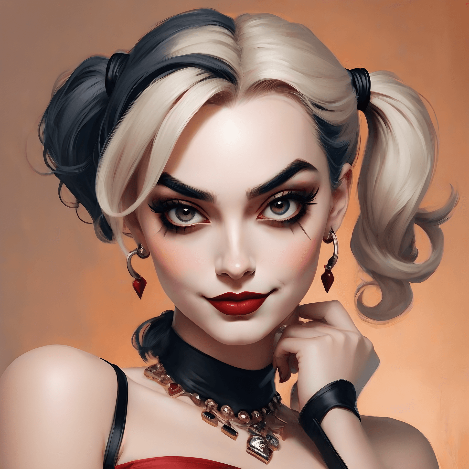 AI generated: Harley Quinn, Digital painting, Computer-generated, Contemporary era, Primarily uses a palette of wa...