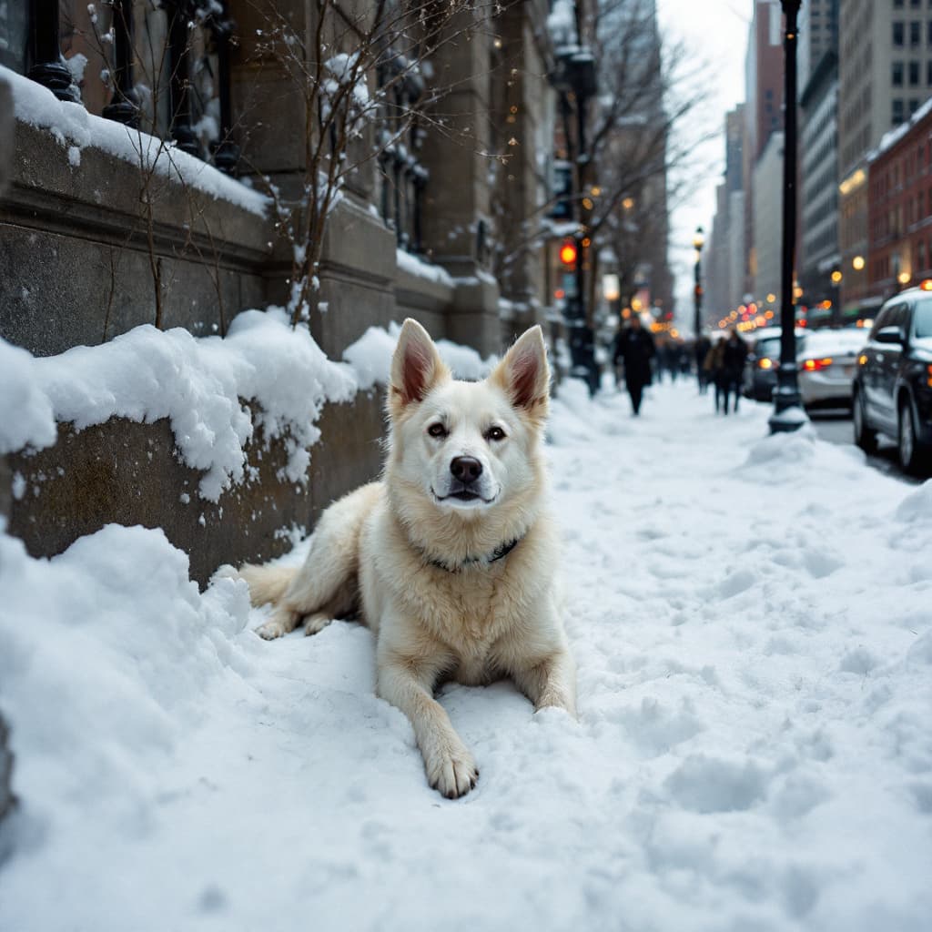 AI generated: poor whit dog hide on city in new york 