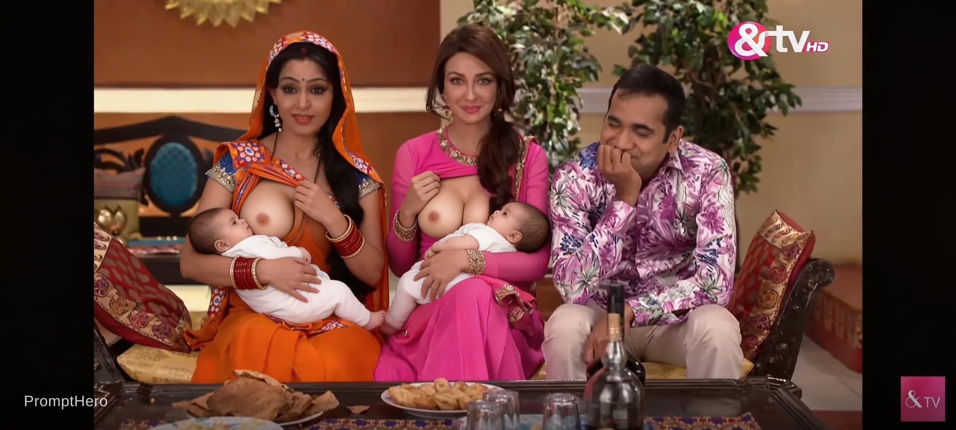 AI generated: Two women who breast feeding childs by pulling breast outside breast size small