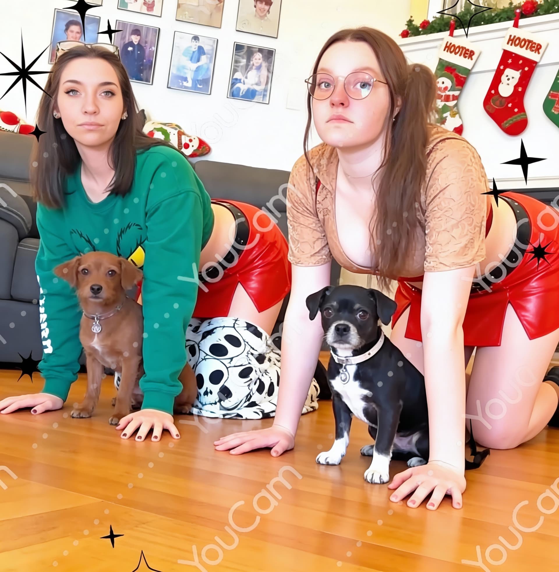 AI generated: the two women on a wooden floor on their hands and knees dressed as hooters waitresses
