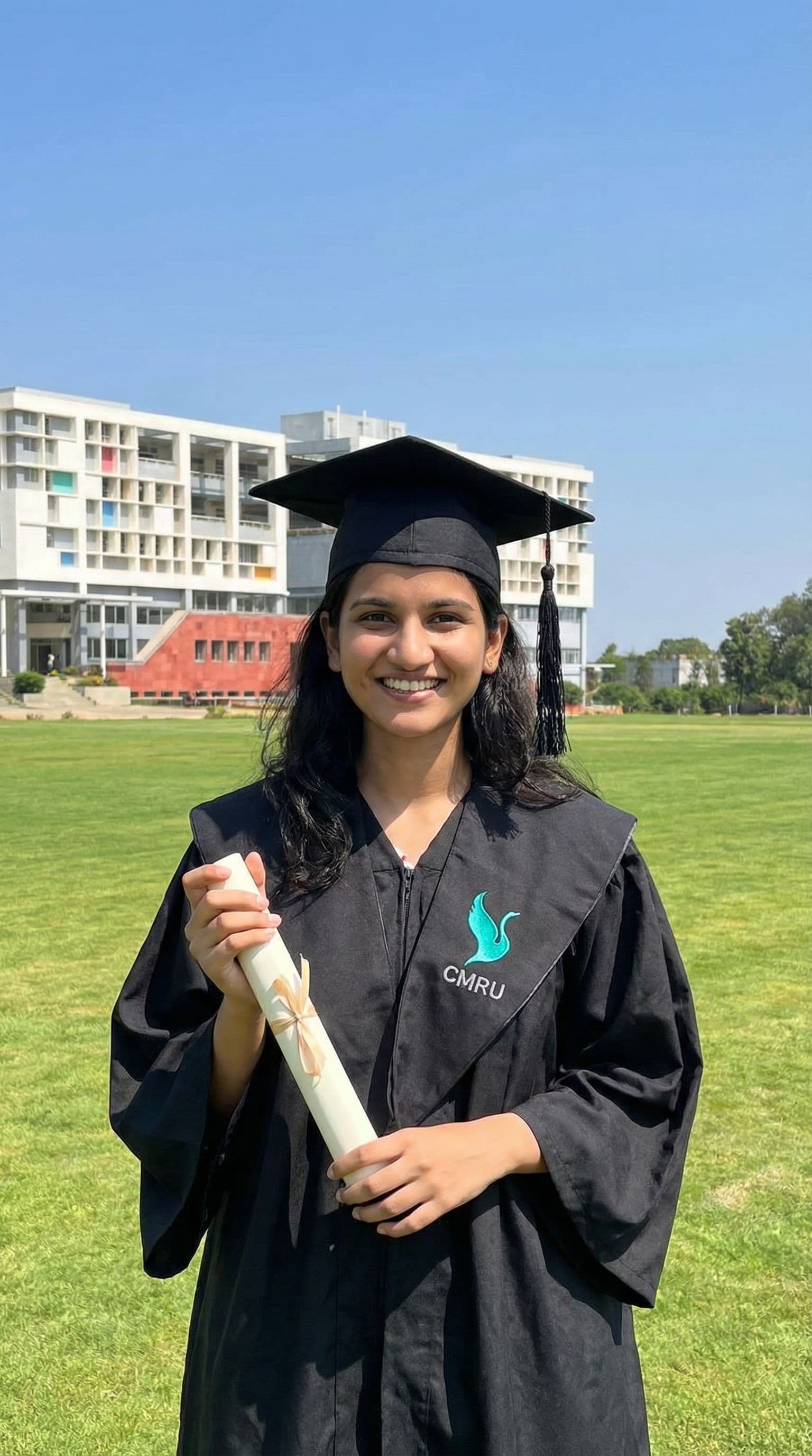 AI generated: Create my graduation image standing infront of my college in graduation attire with my college logo ...