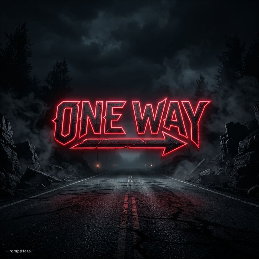 AI generated: Dark mysterious gaming logo with the text “ONE WAY”, neon red and black colors, one road going forwa...