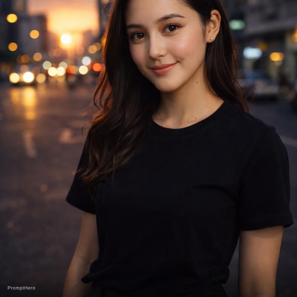 AI generated: photography, front view, dynamic range, female model, upper-body, black T-shirt, dark khaki cargo pa...