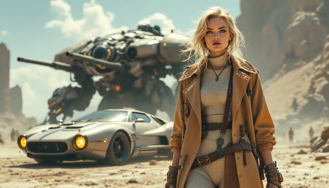 AI generated: Syd Mead style futuristic cyber dieselpunk hovercraft,full body shot of beautiful European young blo...