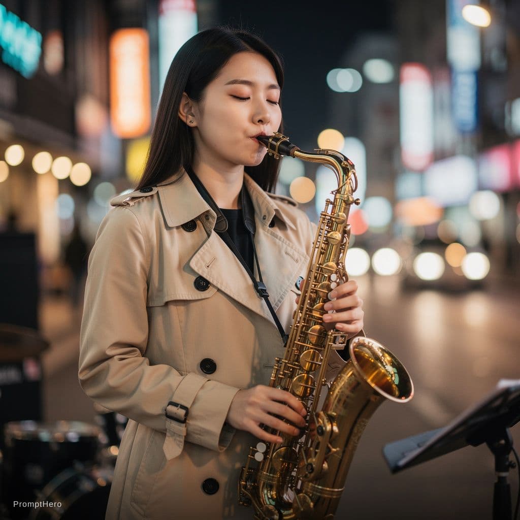 AI generated: pretty Korean girl Playing Saxophone
