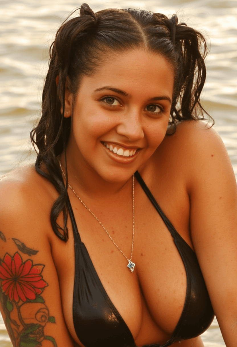 AI generated: A photorealistic close-up portrait of an adult woman with dark brown hair styled in two high pigtail...