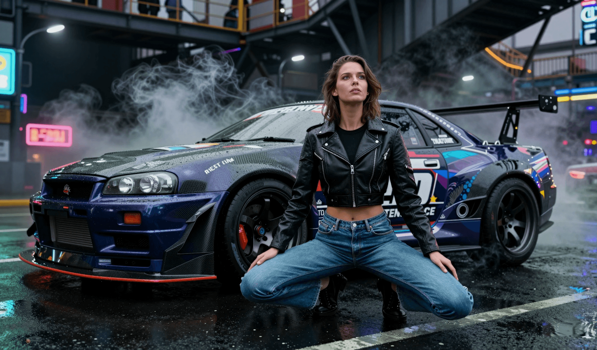 AI generated: Automotive editorial featuring a woman in full body tight denim jeans and cropped leather jacket, kn...