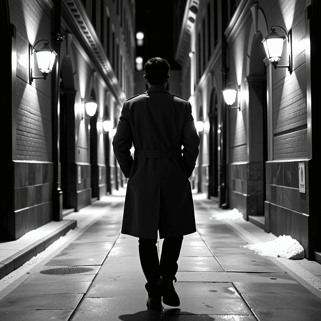 AI generated: Ein Mann in einem stilvollen Trenchcoat, dessen Silhouette sich scharf von einer nebligen, von Later...