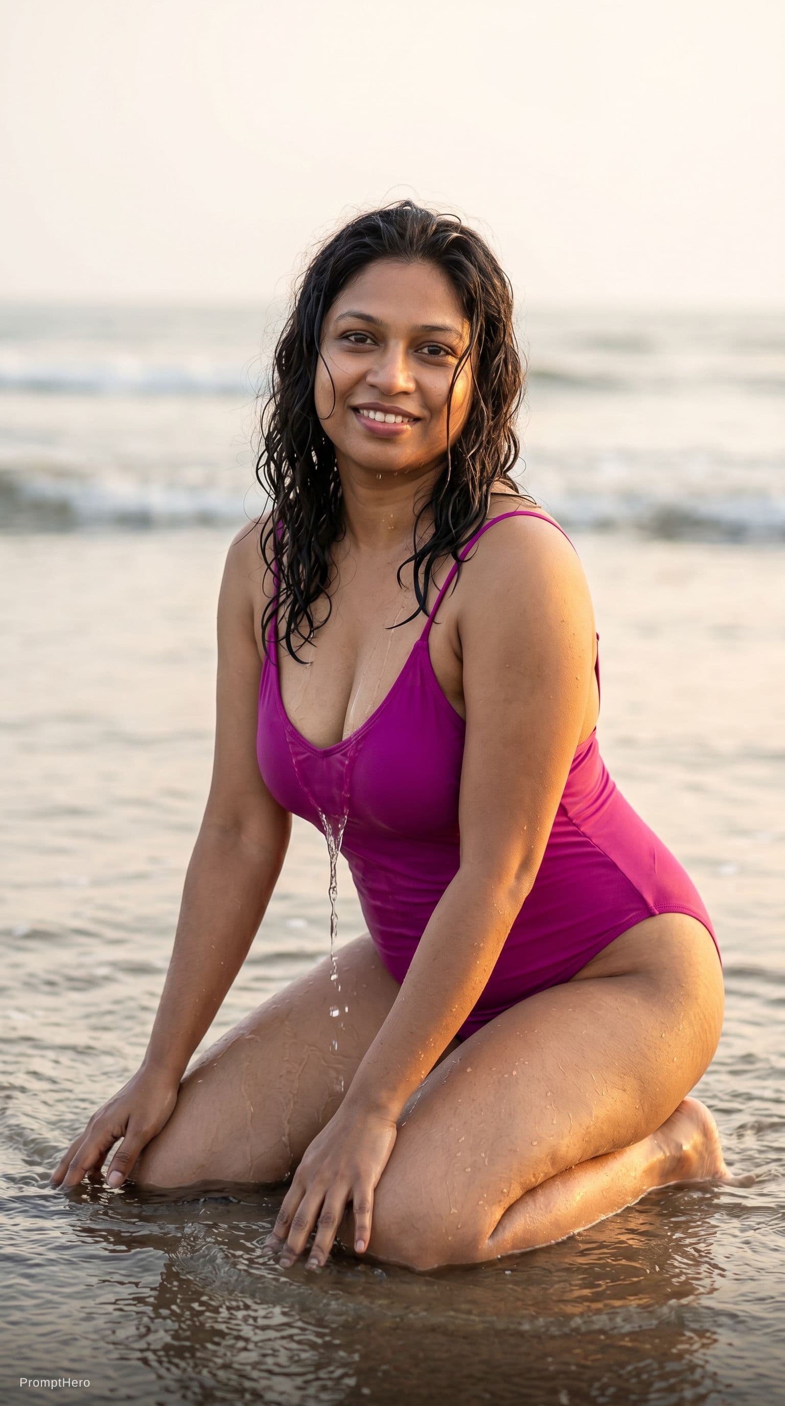 AI generated: A cinematic, photorealistic full-body portrait of a woman kneeling in shallow ocean water at golden ...