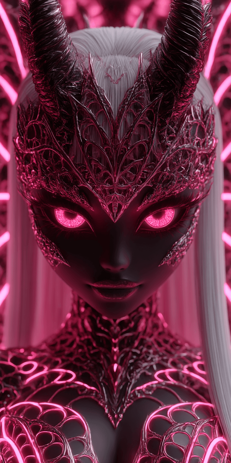 AI generated: Close-up portrait of a young, dark-skinned female figure, with striking, glowing magenta eyes and a ...