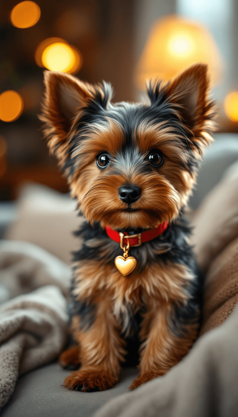 AI generated: A highly detailed and realistic close-up portrait of a small Yorkshire Terrier puppy sitting on a co...