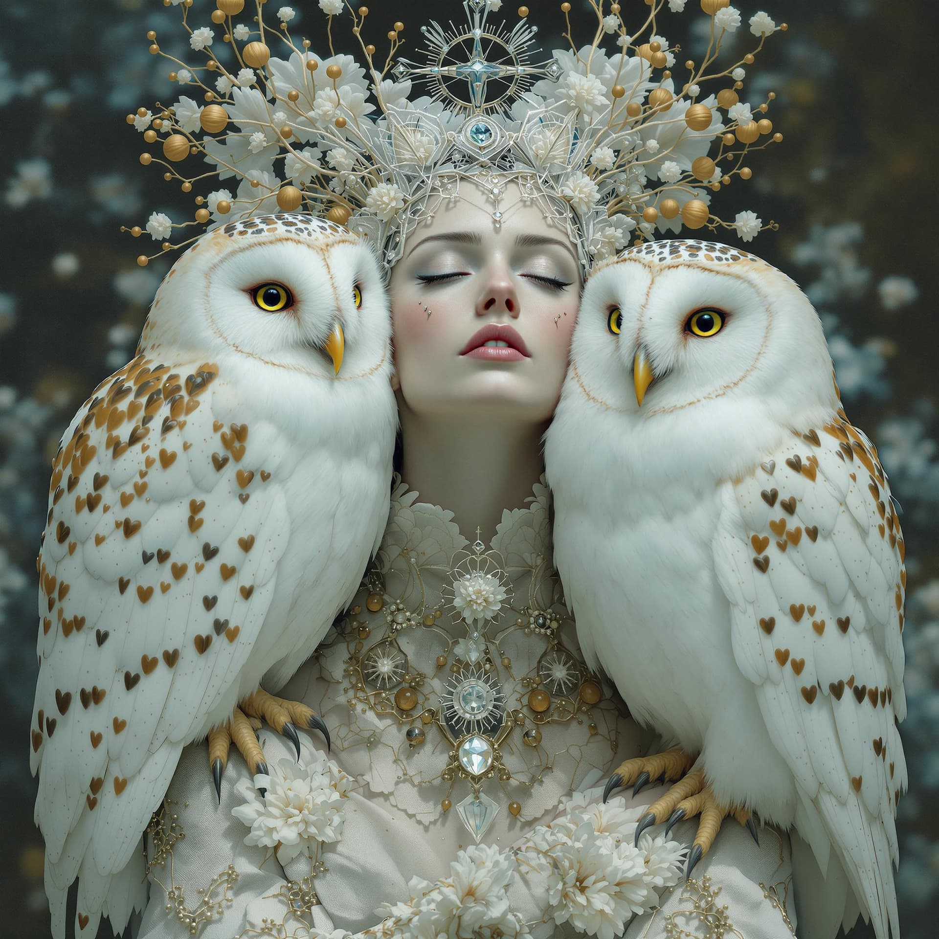 AI generated: images of woman with her owls, in the style of ethereal beauty, porcelain, dark white and light azur...