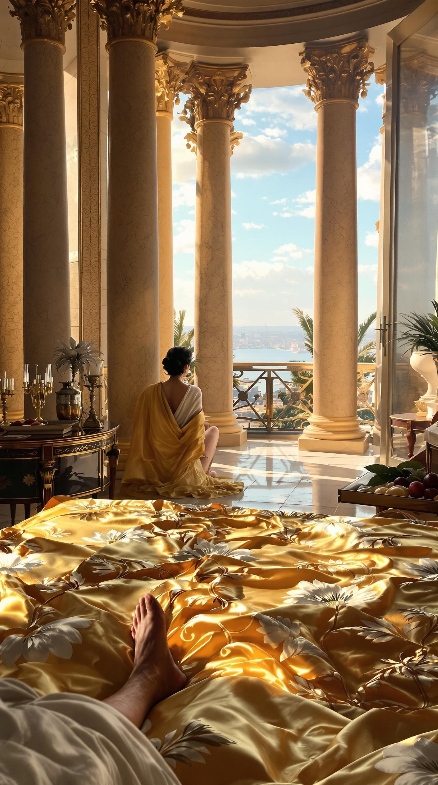 AI generated: A hyper-realistic first-person perspective of Cleopatra VII waking up in her royal chamber; the view...