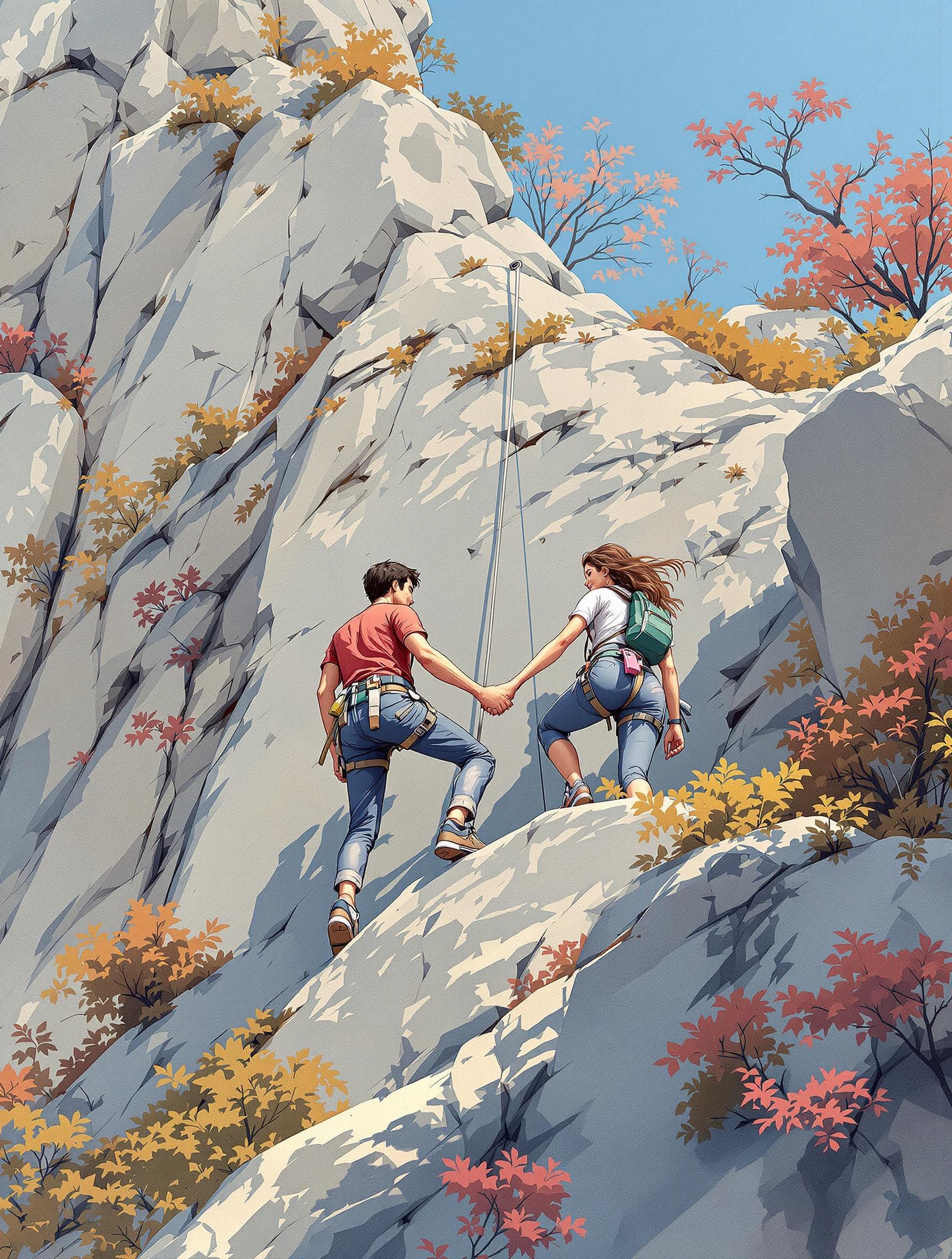 AI generated: A man and a woman, both light-skinned in their twenties, are positioned mid-rock climbing, holding h...