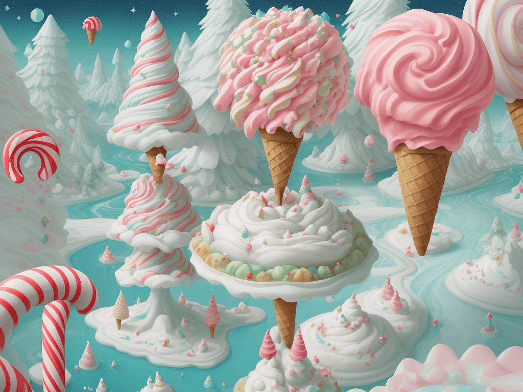 AI generated: whimsical illustration depicting (ICE CREAM CONES). Show them surrounded by candy cane trees, lollip...