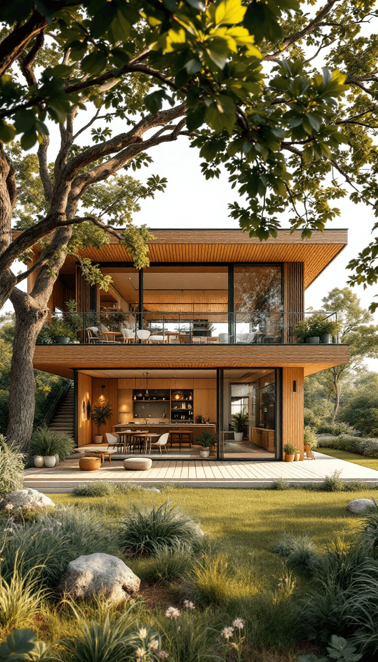 AI generated: A wide-angle shot of a two-story modern cottage house, with the second floor stretching across in wi...