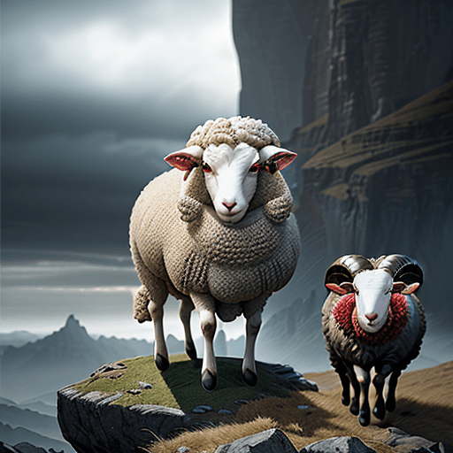 AI generated: A landscape image of a magnificent sheep striving forward in a heroic stance wearing a super hero ca...