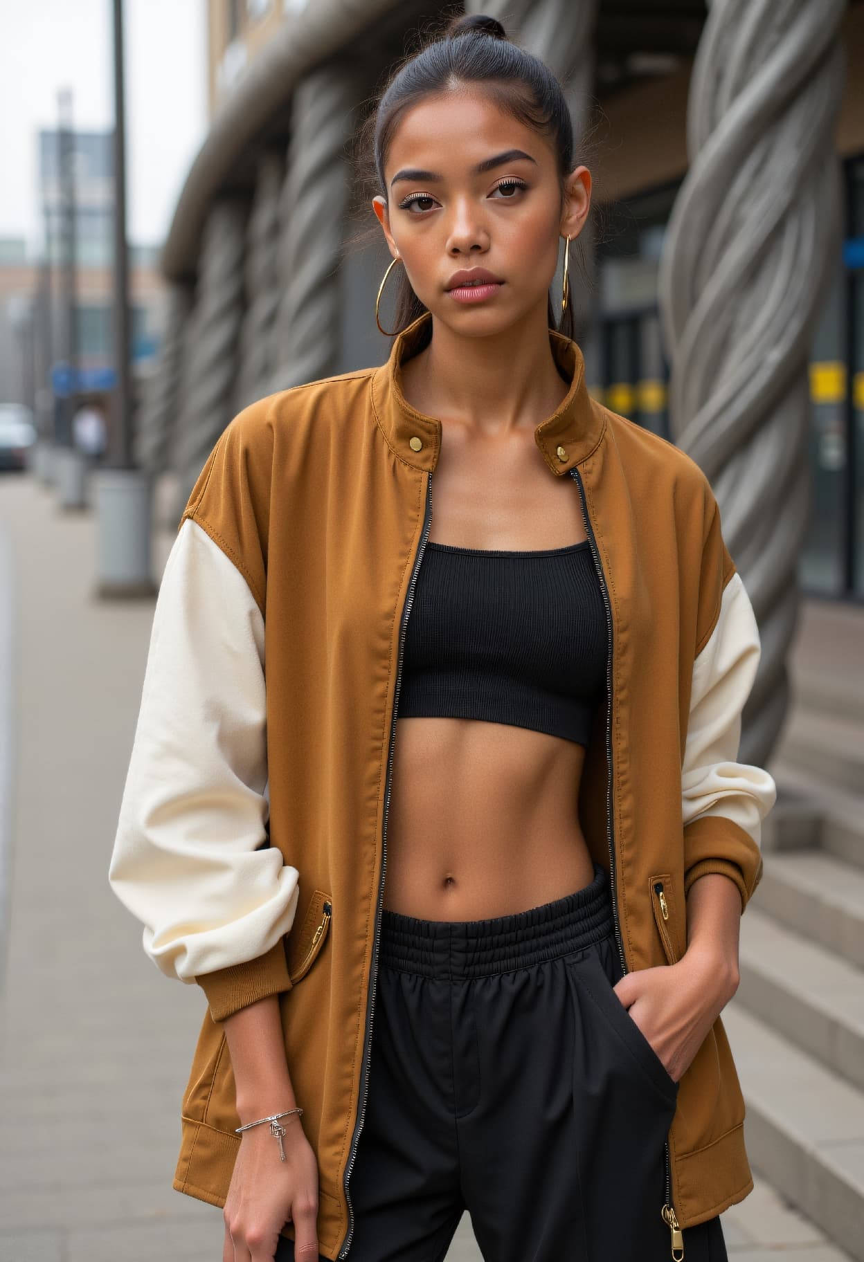 AI generated: street fashion photography, deconstucivist Fashion head shot photo of a 24 year old Venda-Welsh fema...