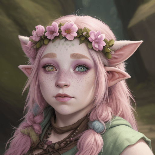 AI generated: Firbolg, female, pastel colors, druid, hyper realism, high Detail, freckles, dungeons and dragons, h...