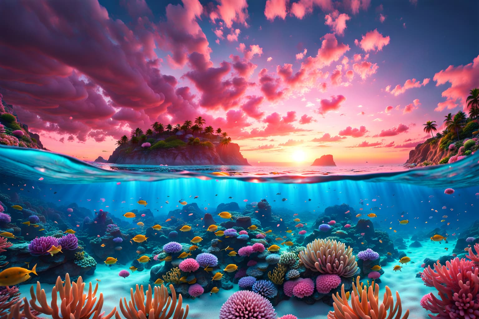 AI generated: complex 3d render ultra detailed, pink realistic clouds, torquise sea, uhd, 8k, best photo by nation...