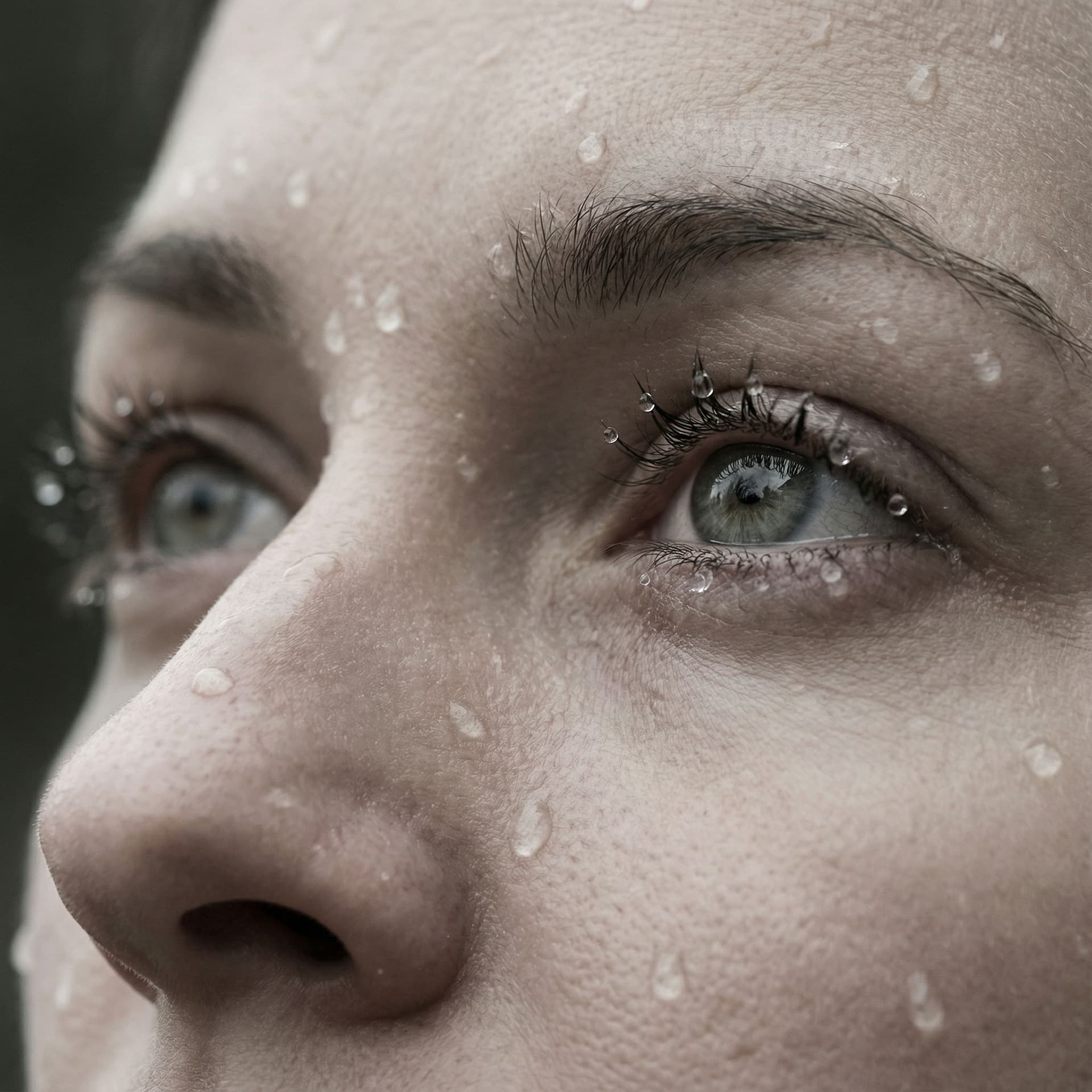 AI generated:  An extreme close-up shot of water droplets falling on a woman's face, realistic detail, sharp focus...